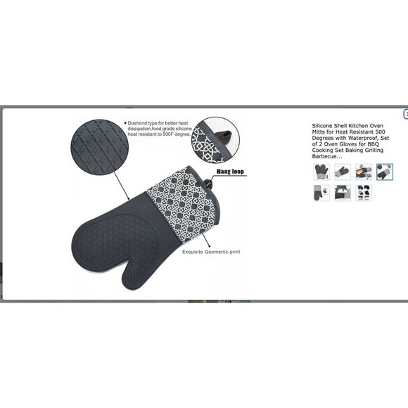 Silicone Shell Kitchen Oven Mitts Heat Resistant 500 Degrees Waterproof Set Gray - Picture 2 of 9